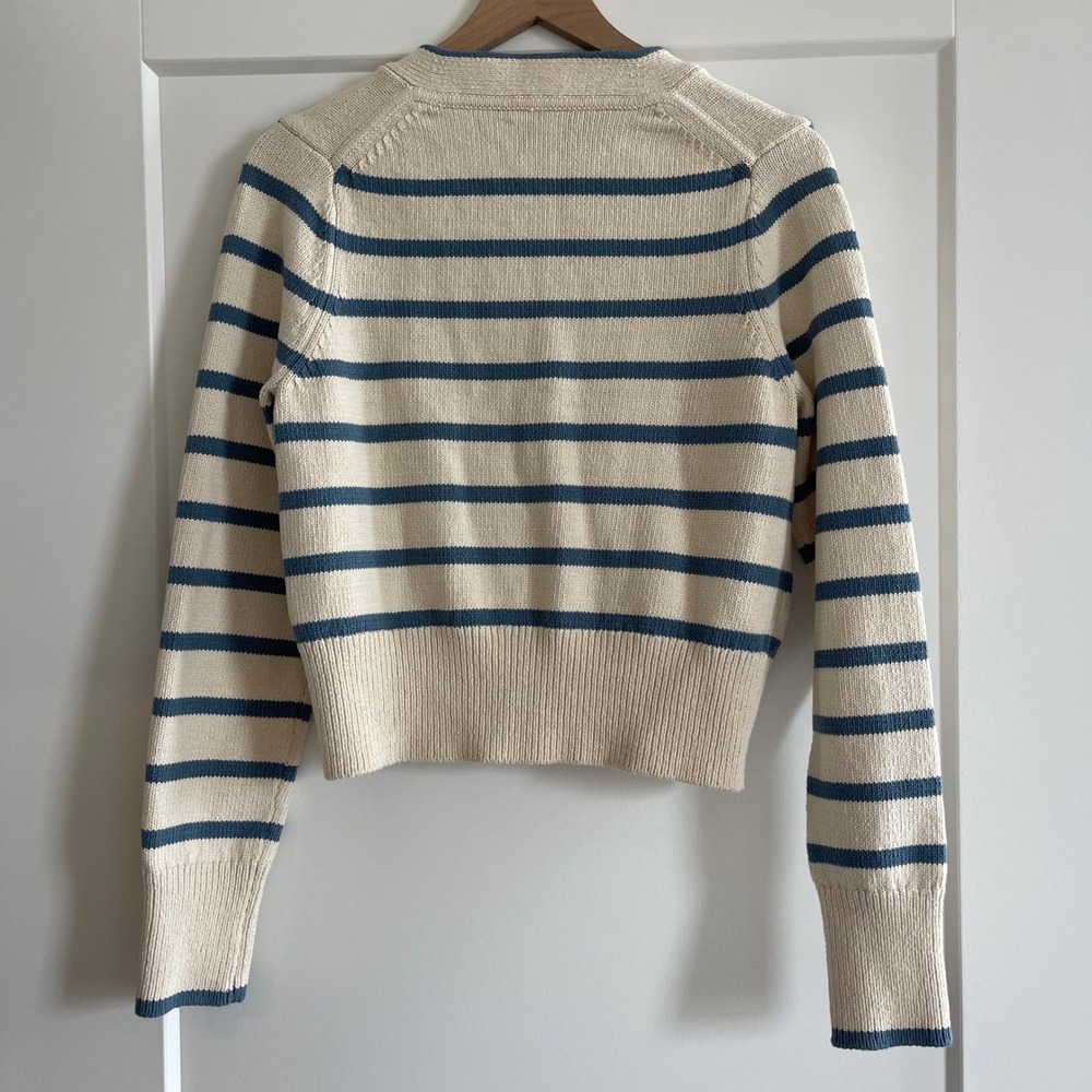 Veronica Beard Noorie Cardigan Sz Medium Ivory Blue Striped Cotton Chic Classic - Picture 12 of 16